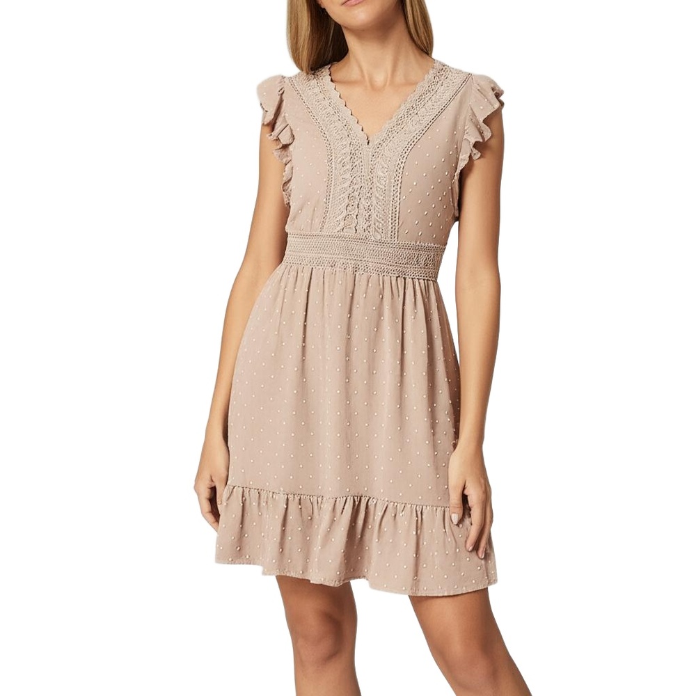Emery‎ Rose Mini Dress Khaki Brown Lace Ruffle A-Line Boho Cottagecore Dainty S